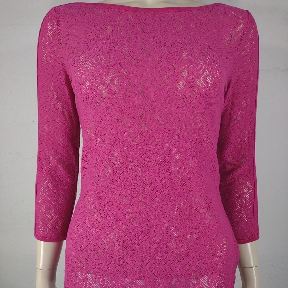 NWT Cache pink sheer laser cut stretch lace tee blouse shirt ladies XS